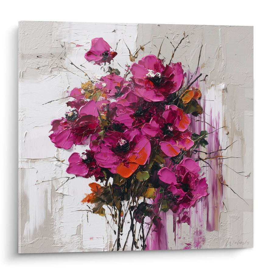 Tableau bouquet de pivoines fuchsia avec coulures abstraites - Explosion florale - Edition Feng shui Sud-Est Bois