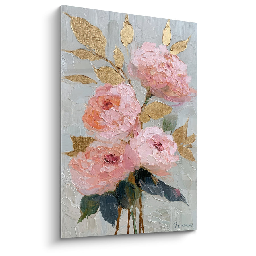 Tableau pivoines roses dorées sur fond gris perle - Jardin de sérénité - Edition Feng shui Sud-Ouest Terre