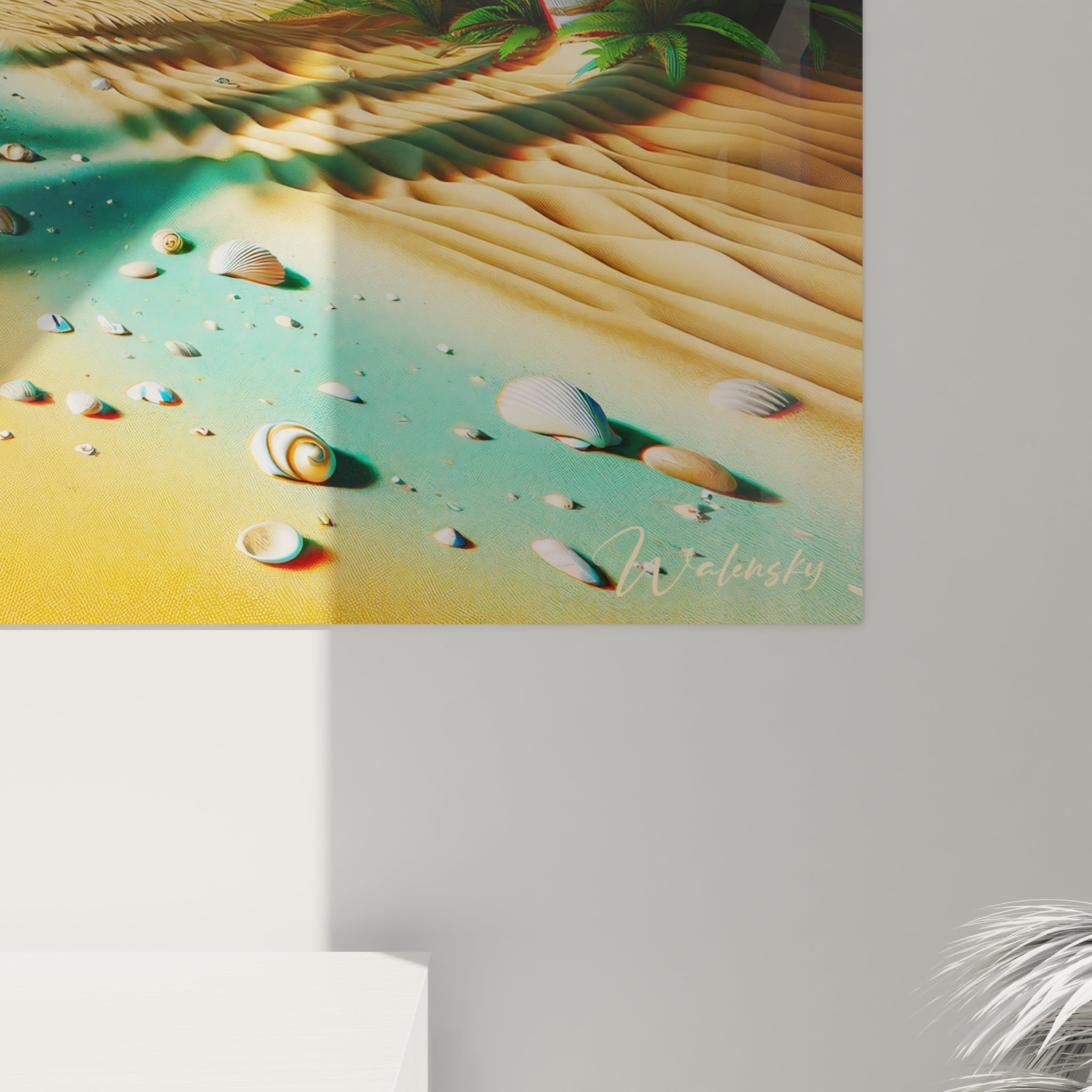 Tableau paysage mural Walensky représentant une plage paisible avec des coquillages et des palmiers