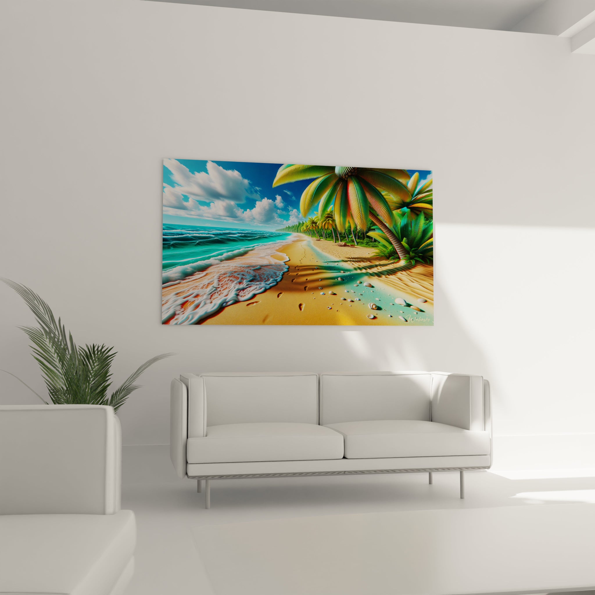 Tableau paysage mural Walensky représentant une plage tropicale avec des palmiers et du sable doré