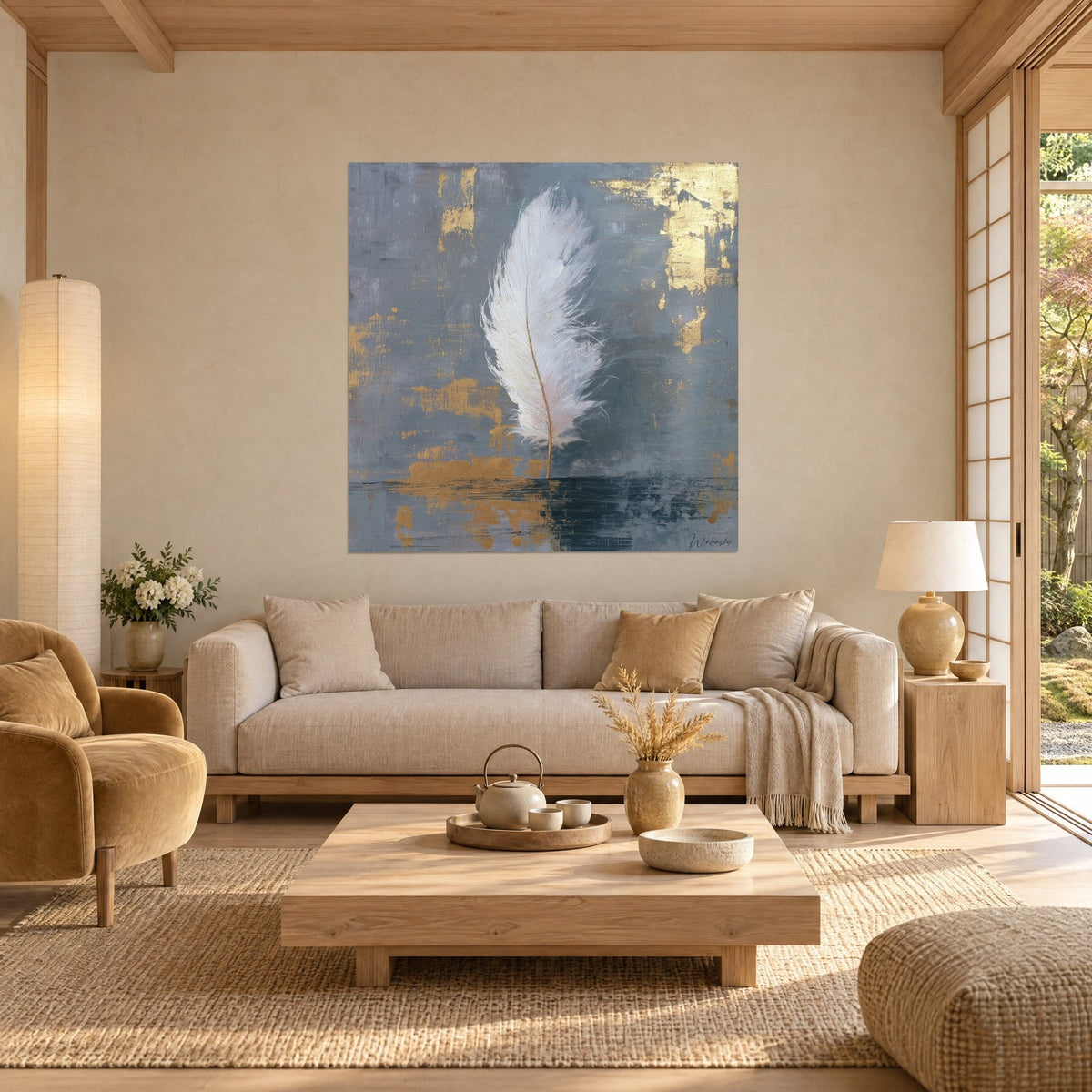 Gemälde mit makellos weißer Straußenfeder auf blaugrauem Grund mit goldenen Glanzlichtern, über einem Sofa in einem hellen Wohnzimmer