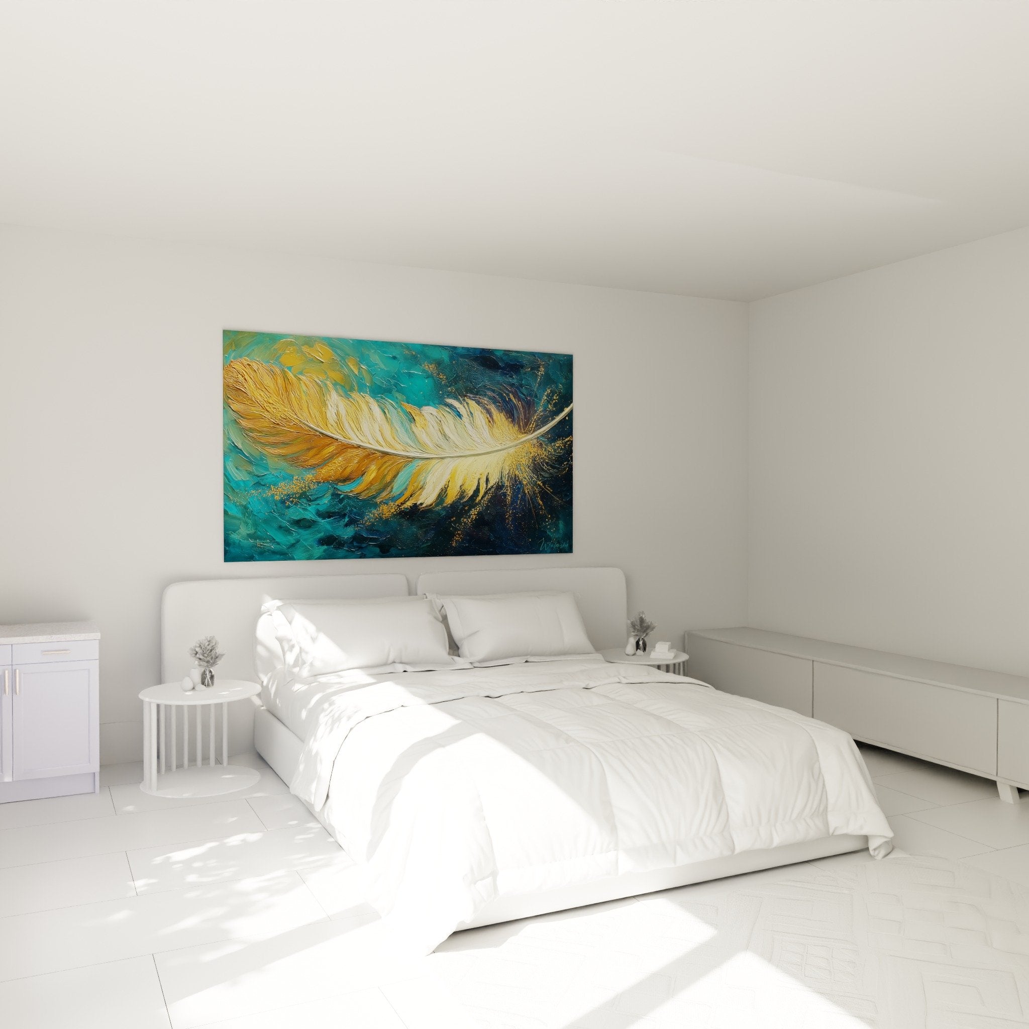 golden feather wall art master bedroom white wall turquoise blue zen decor