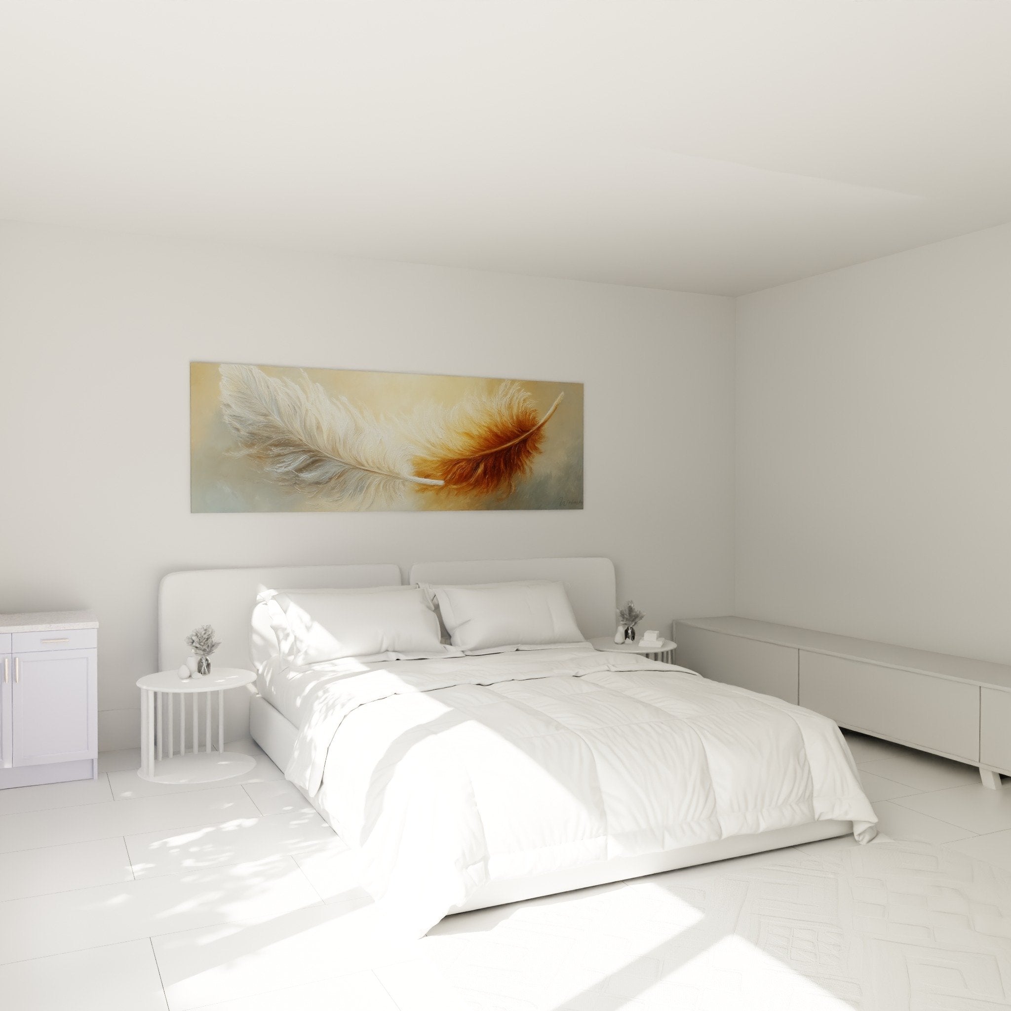 golden feather wall art in master bedroom above headboard soothing wall decor