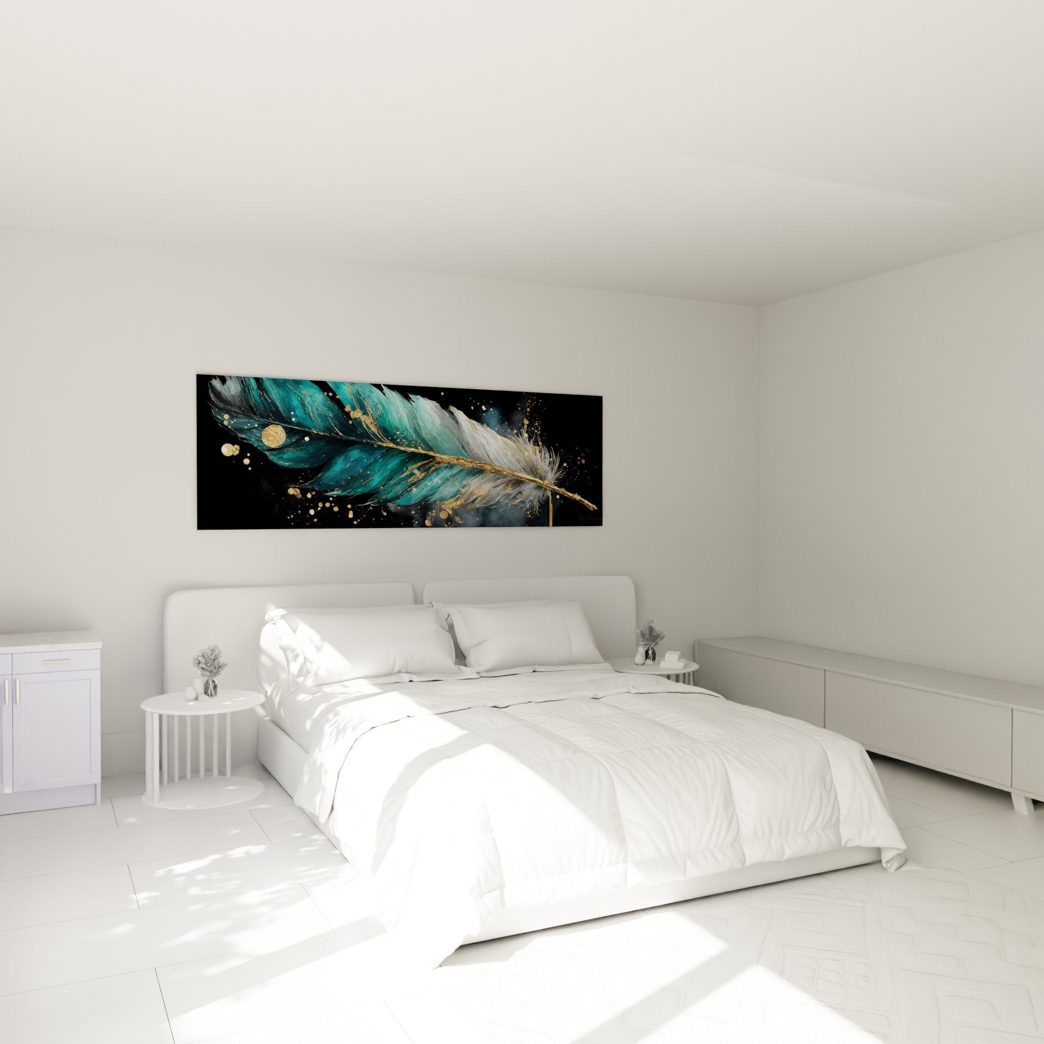 Turquoise golden feather wall art in modern bedroom white wall elegant mural decoration