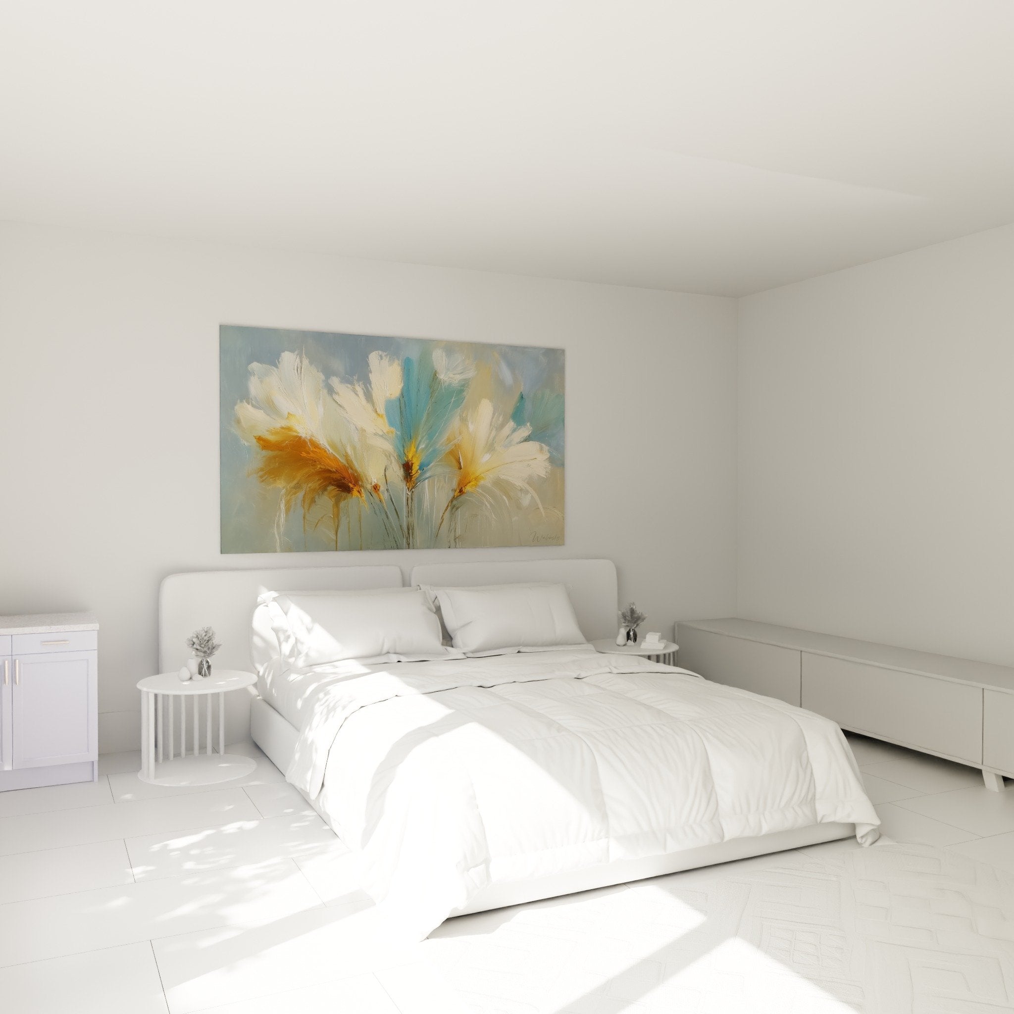 White and gold feathers wall art in modern bedroom with gray wall artistic decoration zen ambiance