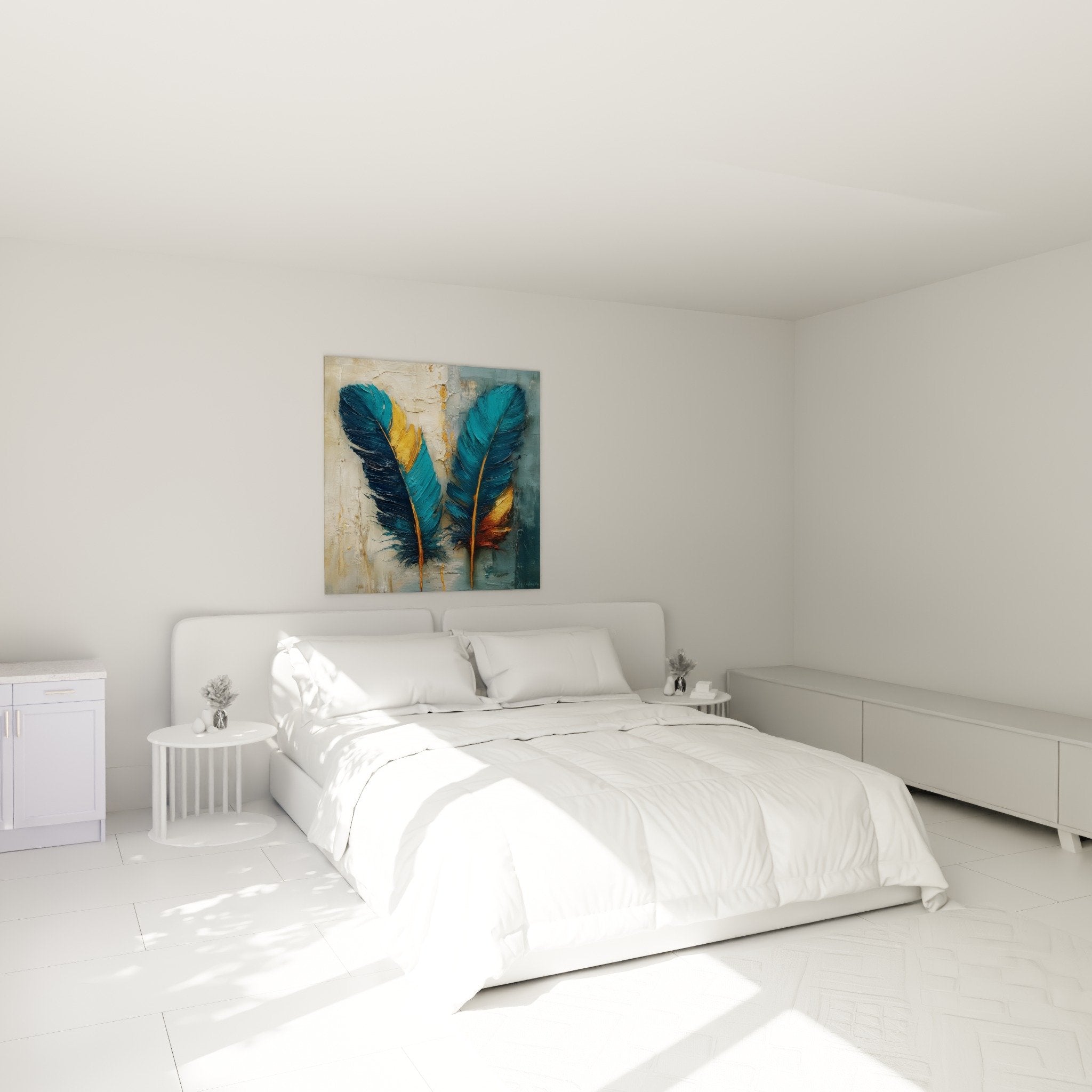 Blue and gold feathers framed above a bed in a bedroom with natural and soothing tones