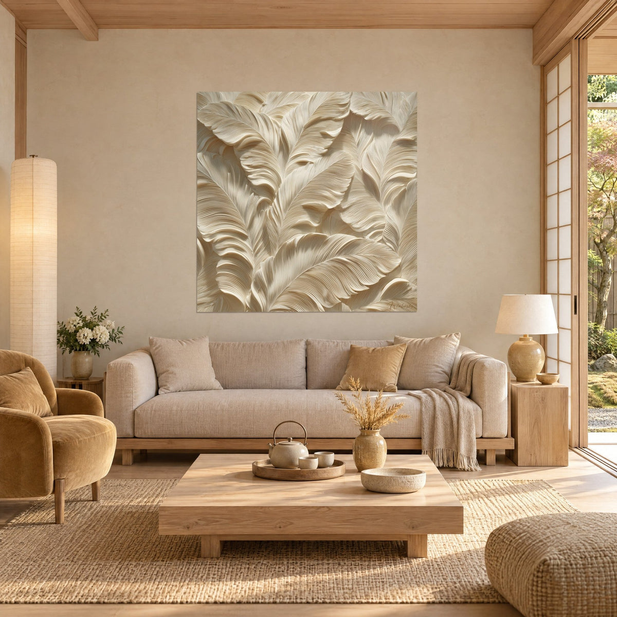 Quadro con piume scolpite in rilievo beige e oro, scanalature sottili e ombre morbide, sopra un divano in un soggiorno luminoso