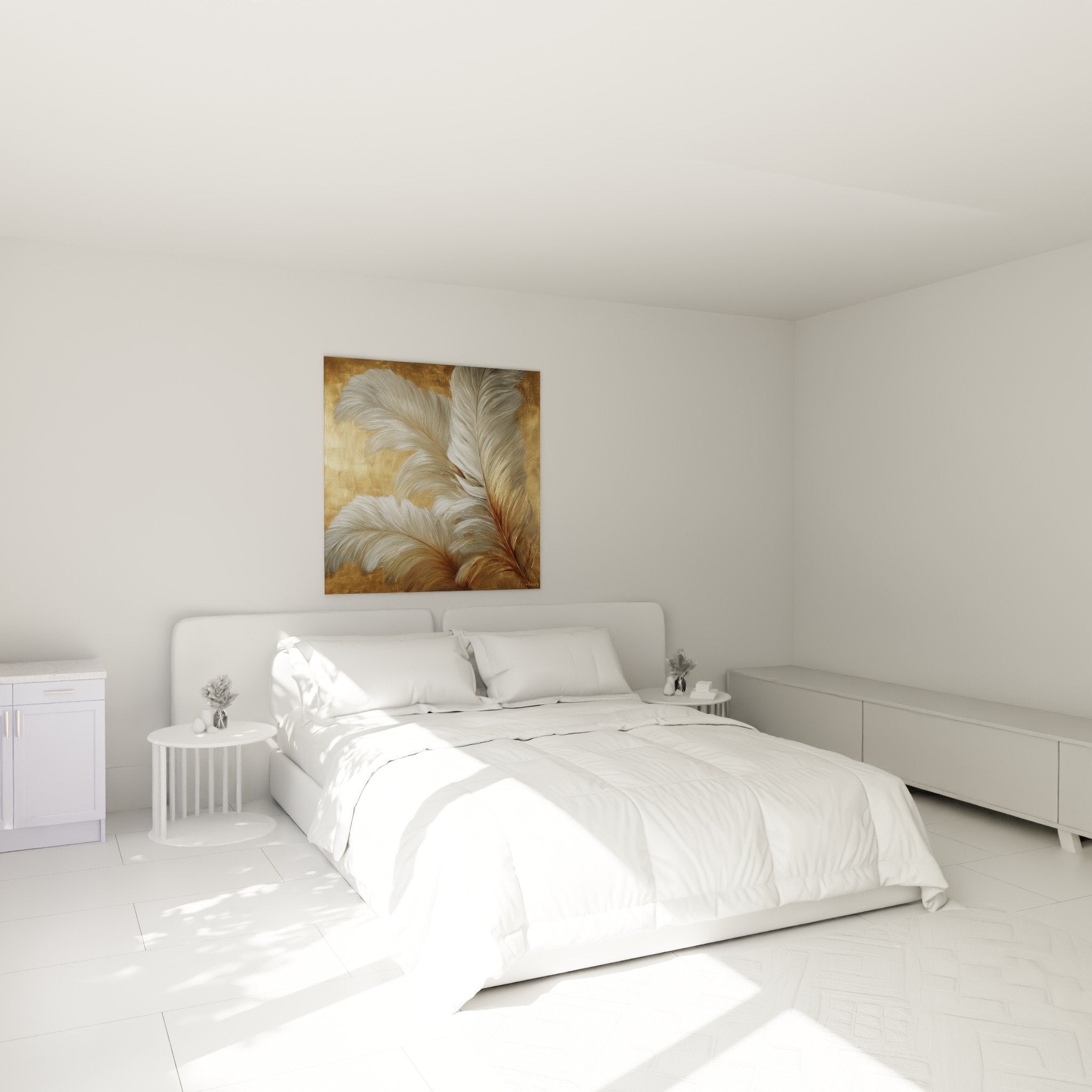 Golden feathers wall art in modern bedroom, warm and refined ambiance, elegant mural decoration
