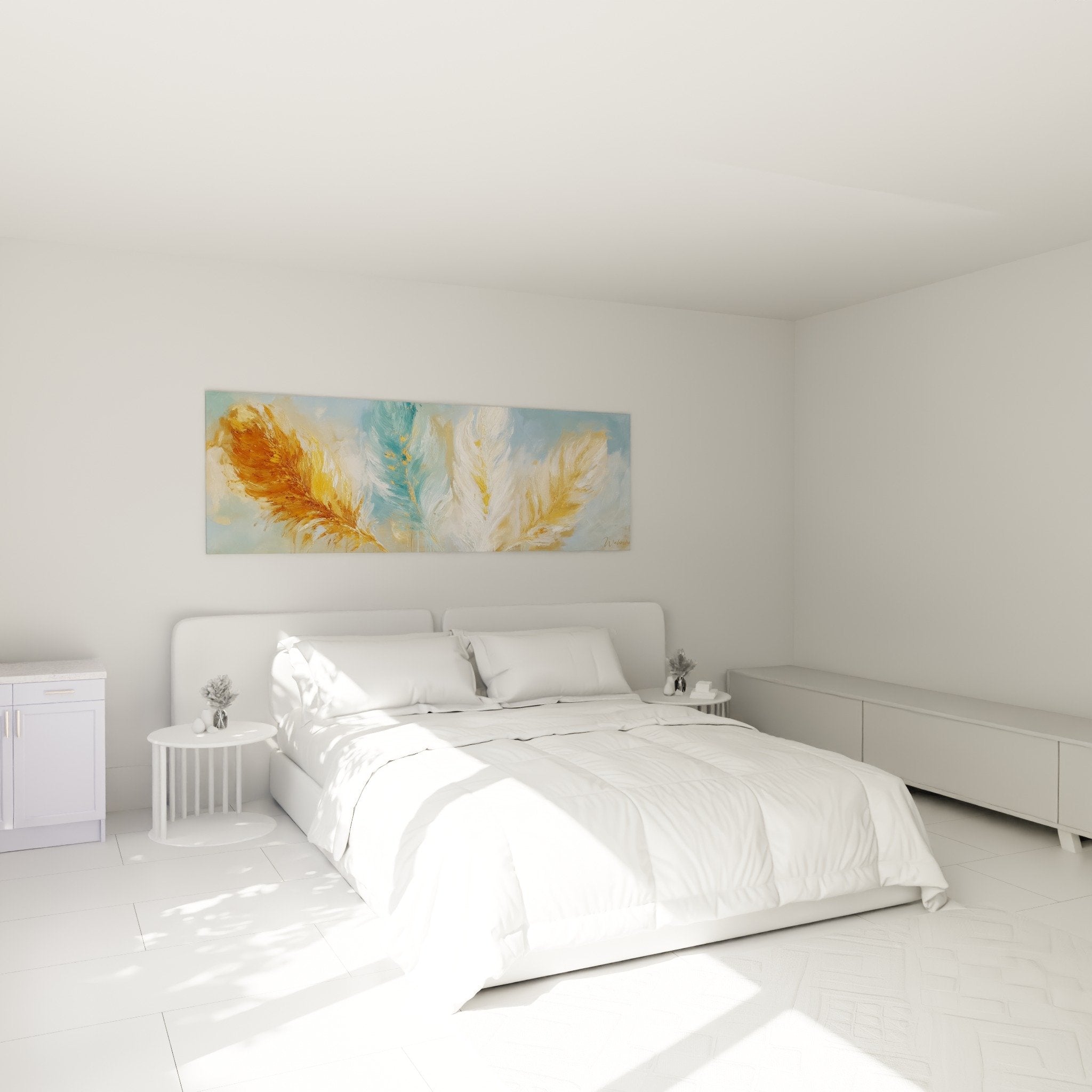Golden turquoise feathers wall art in modern bedroom white wall headboard elegant decoration