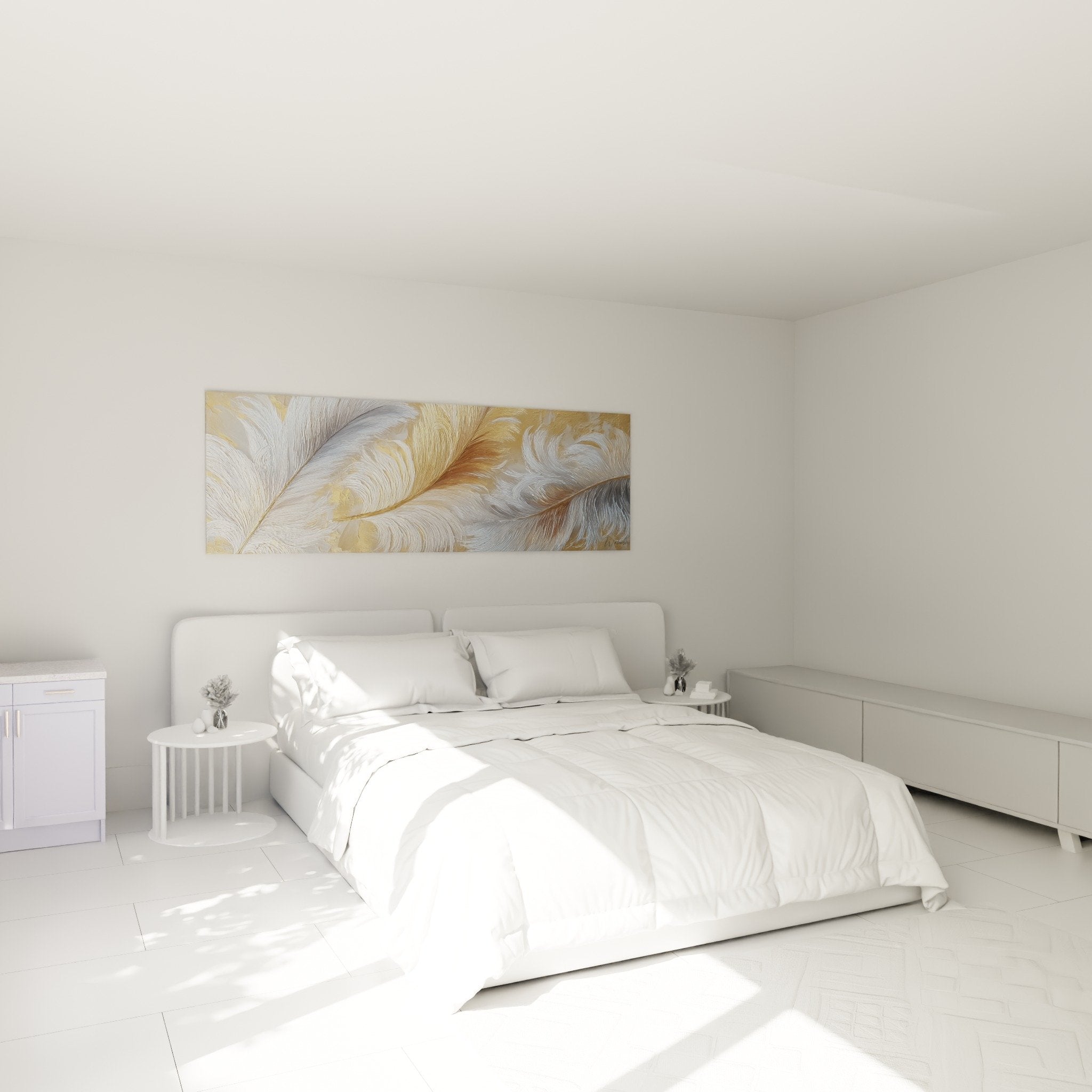 Golden feathers canvas in modern master bedroom elegant wall art cocooning ambiance