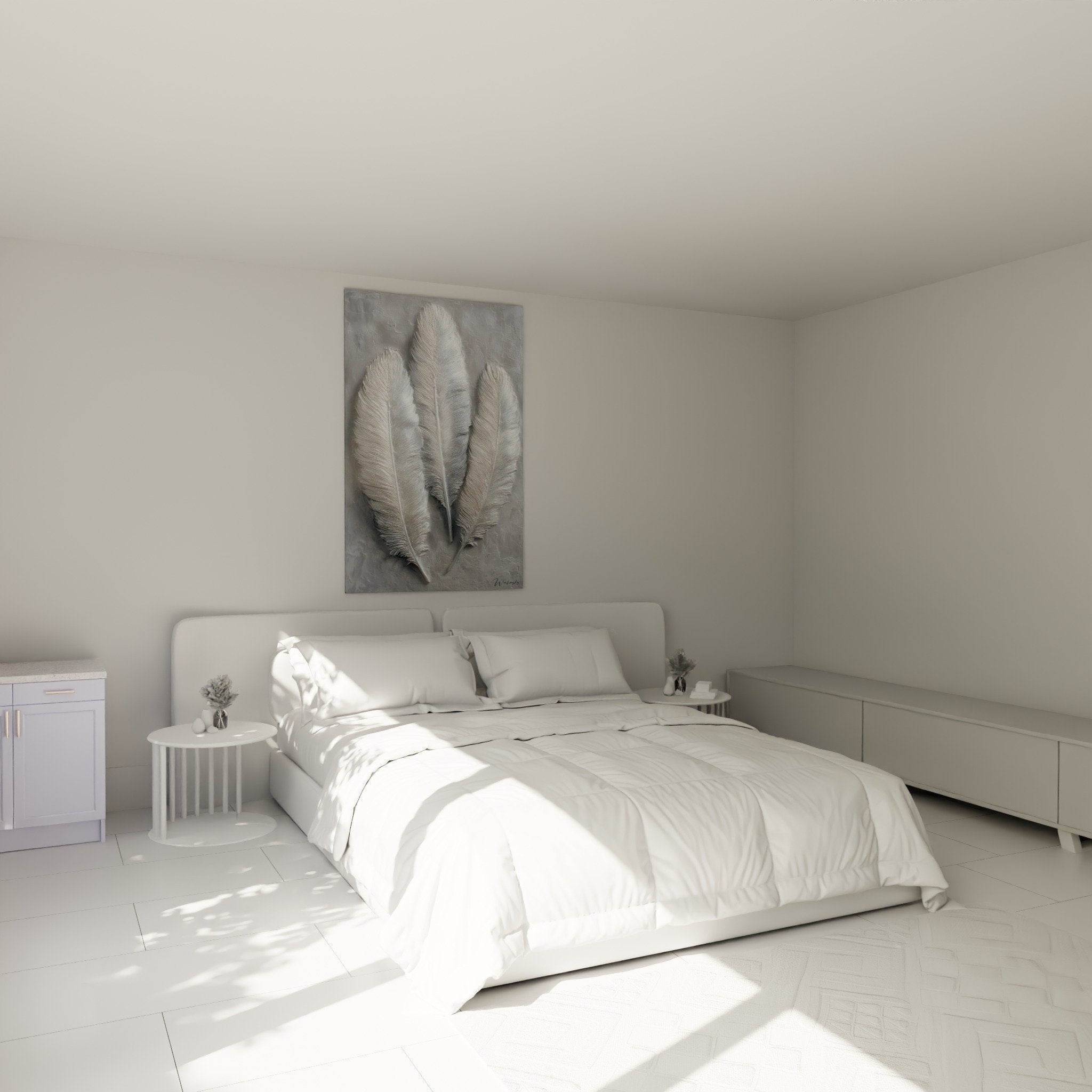 White feathers relief wall art bedroom decoration headboard feng shui west metal zen ambiance