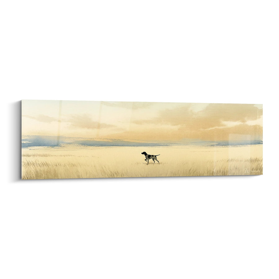 Schilderij Hond in Arrest op Gouden Weide - Jagers Silhouet - Pointer Engelse Editie