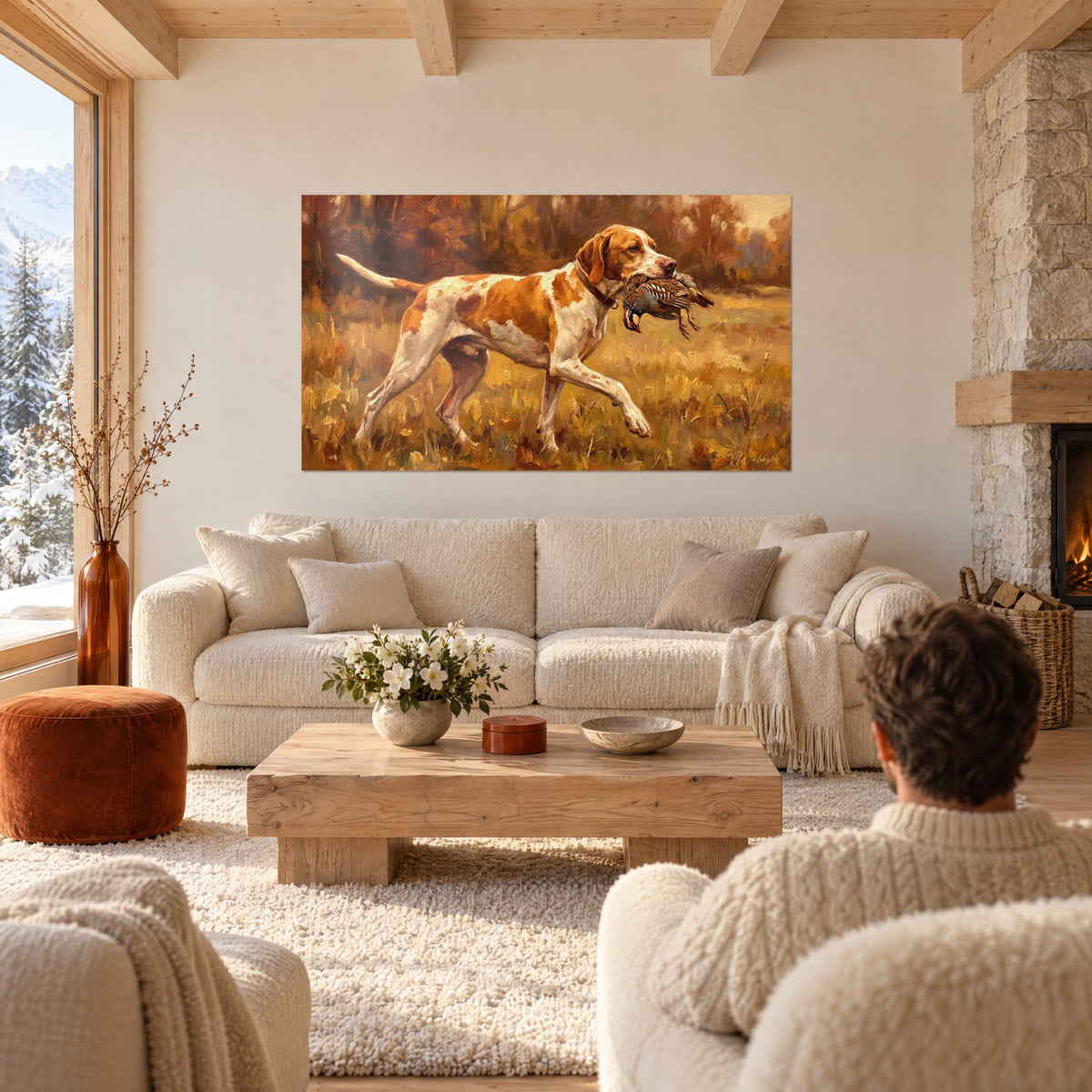 Wall art orange and white pointer dog retrieving a partridge, golden light, above a sofa in a bright living room