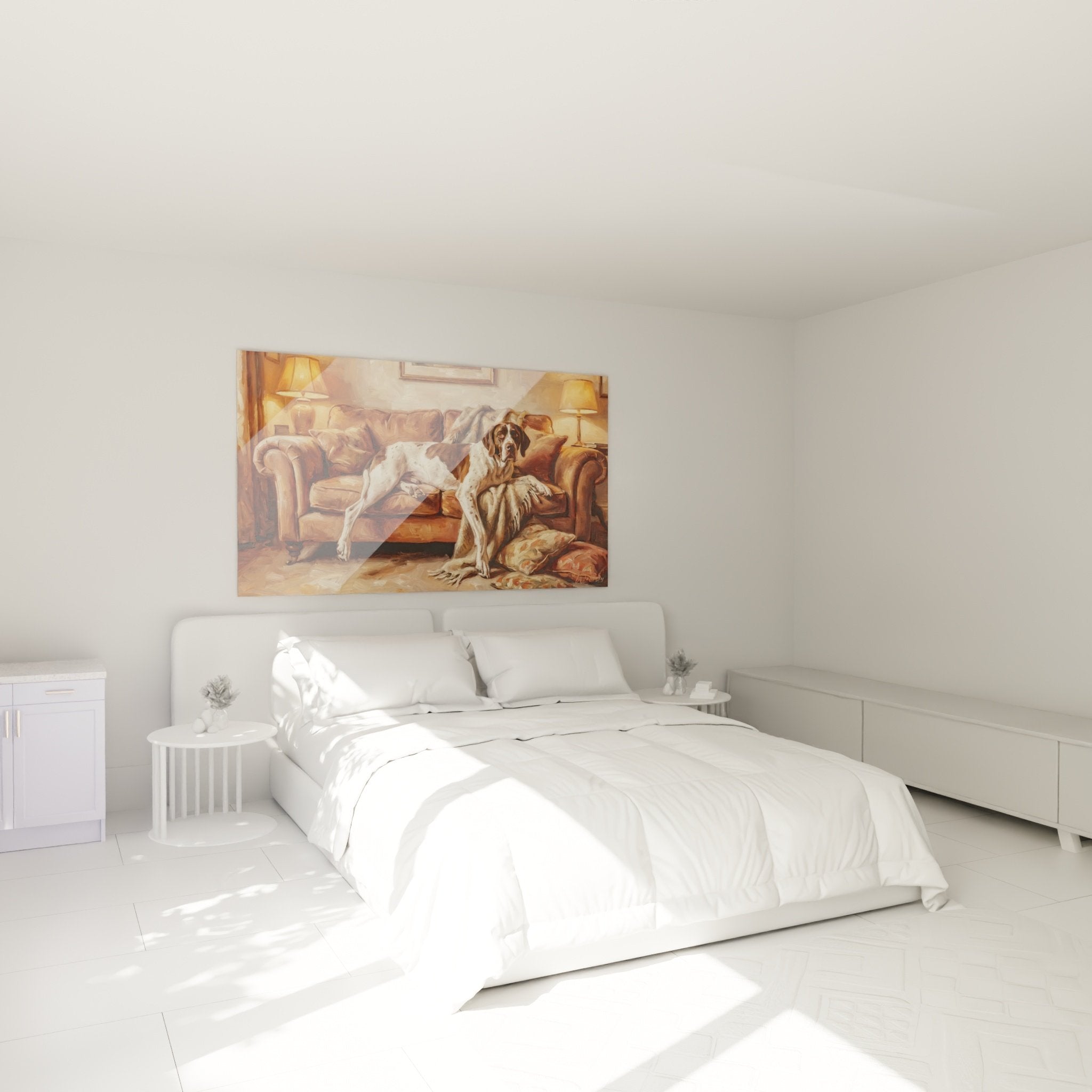 Quadro Pointer English divano in pelle che decora la camera da letto, atmosfera accogliente in toni caramello e bronzo