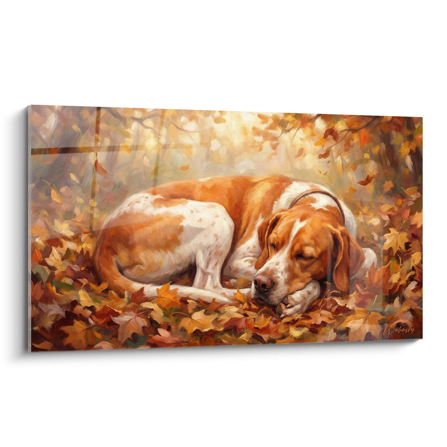 Tableau Chien Endormi dans les Feuilles d'Automne - Repos Doré - Edition Pointer Anglais