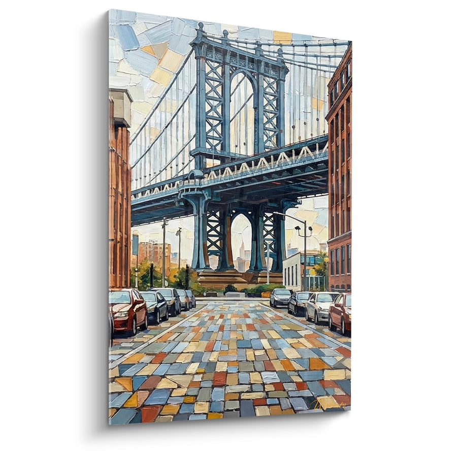 Tableau pont Manhattan suspension acier bleu cobalt rue pavée multicolore - Perspective urbaine - Edition Brooklyn