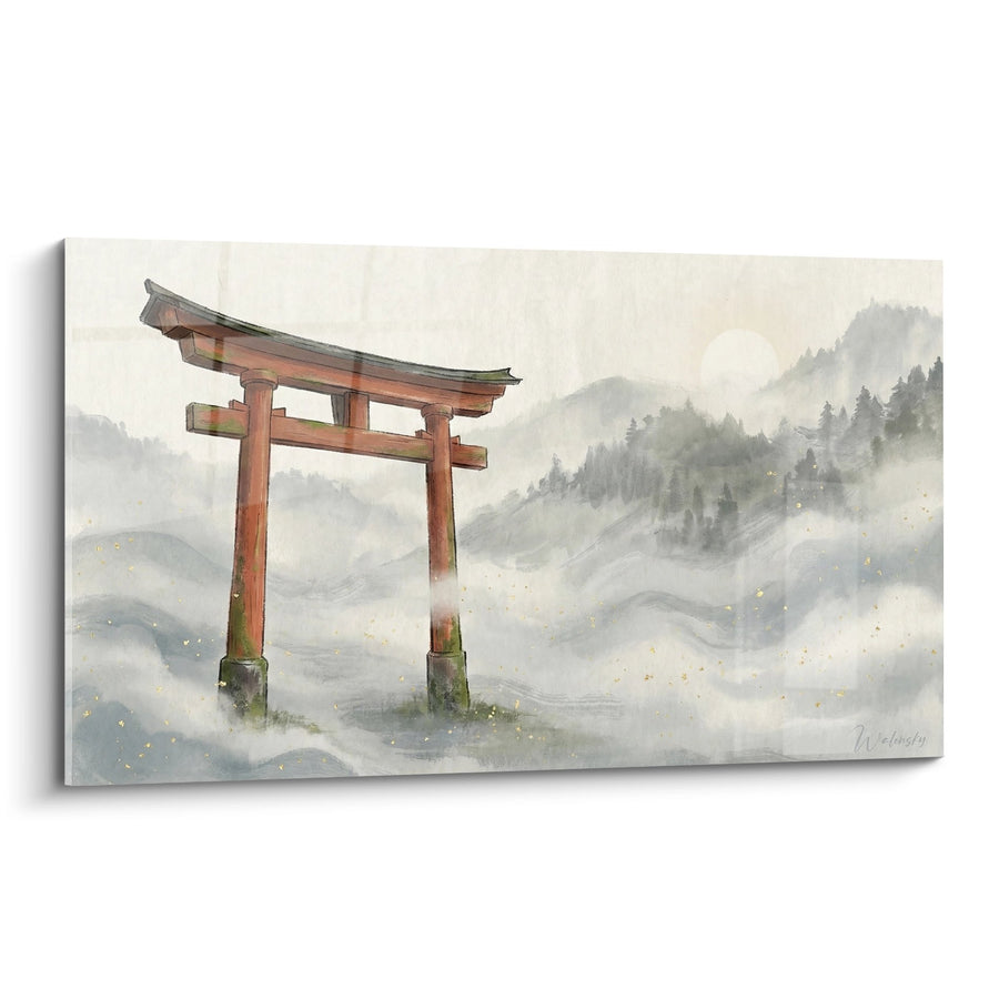Tableau Portique Sacré dans les Brumes Dorées et Montagnes Verdoyantes - Harmonie Spirituelle - Edition Temple bouddhiste