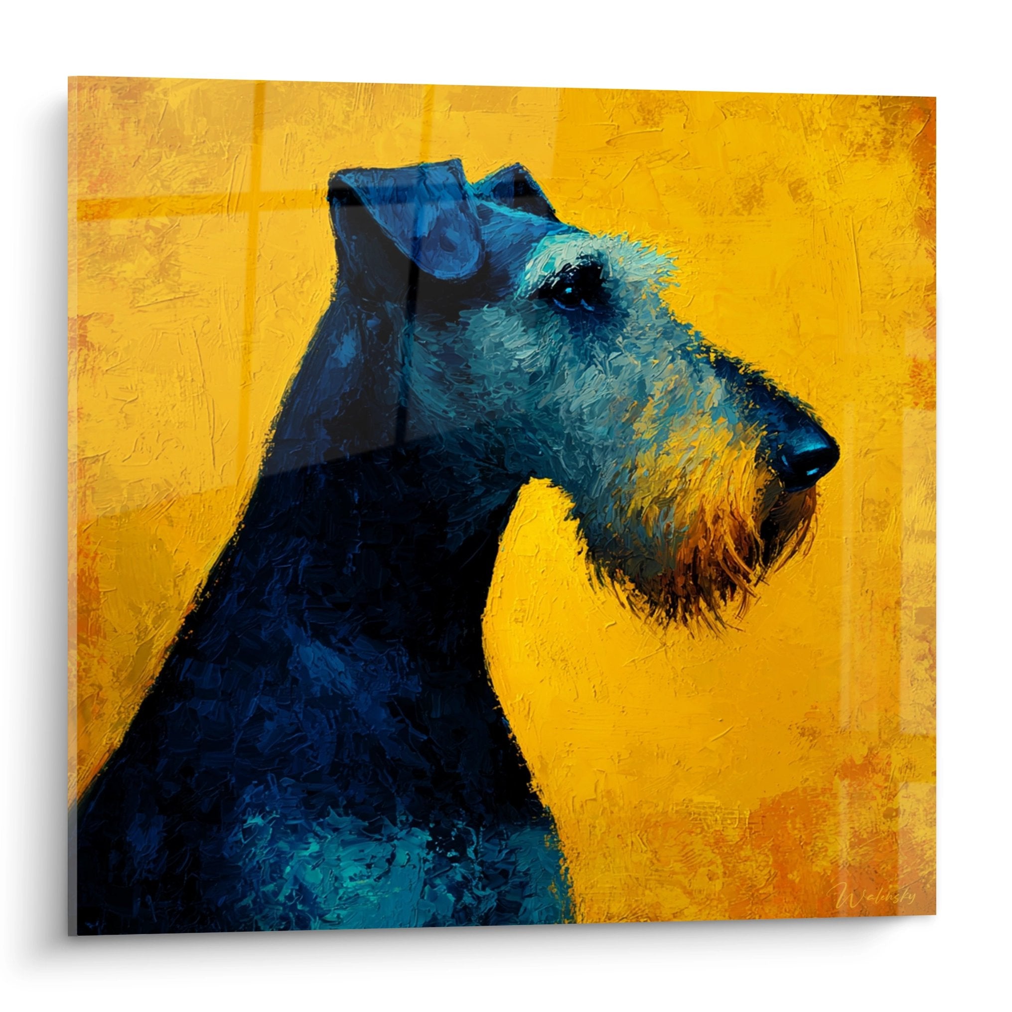 Portrait artistique Airedale Terrier aux tons bleus sur fond dore, peinture moderne chien de profil expressif