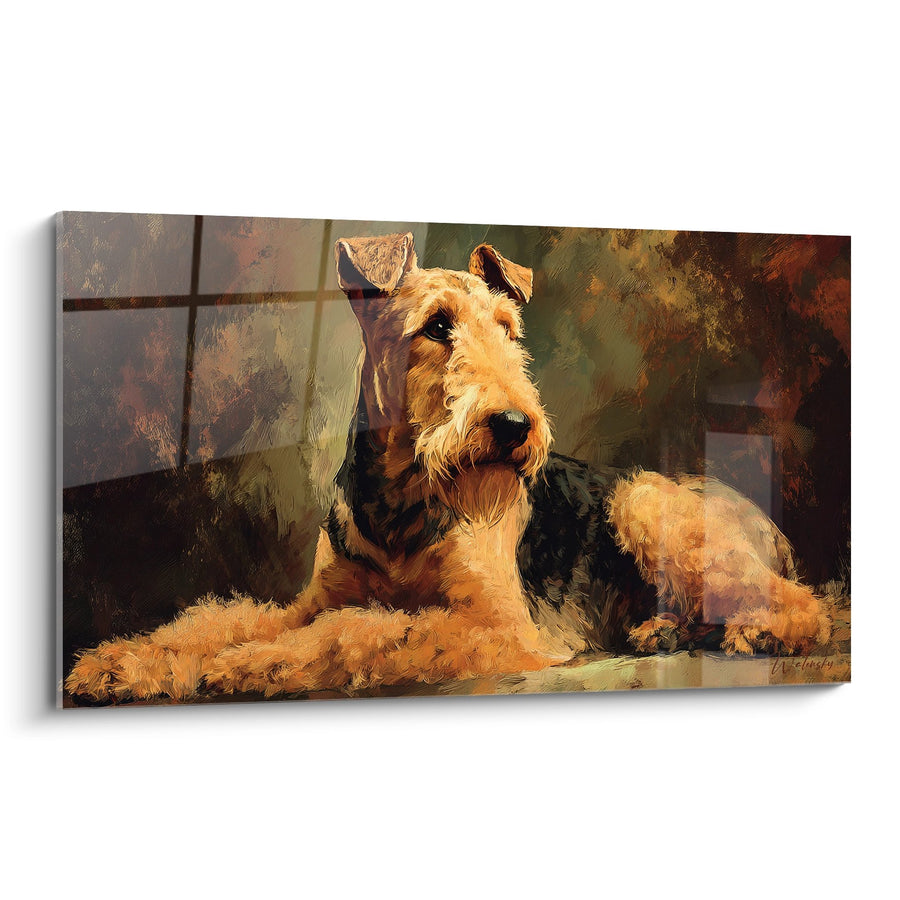 Tableau Chien Couché aux Tons Dorés et Noirs - Portrait Canin Chaleureux - Edition Airedale Terrier