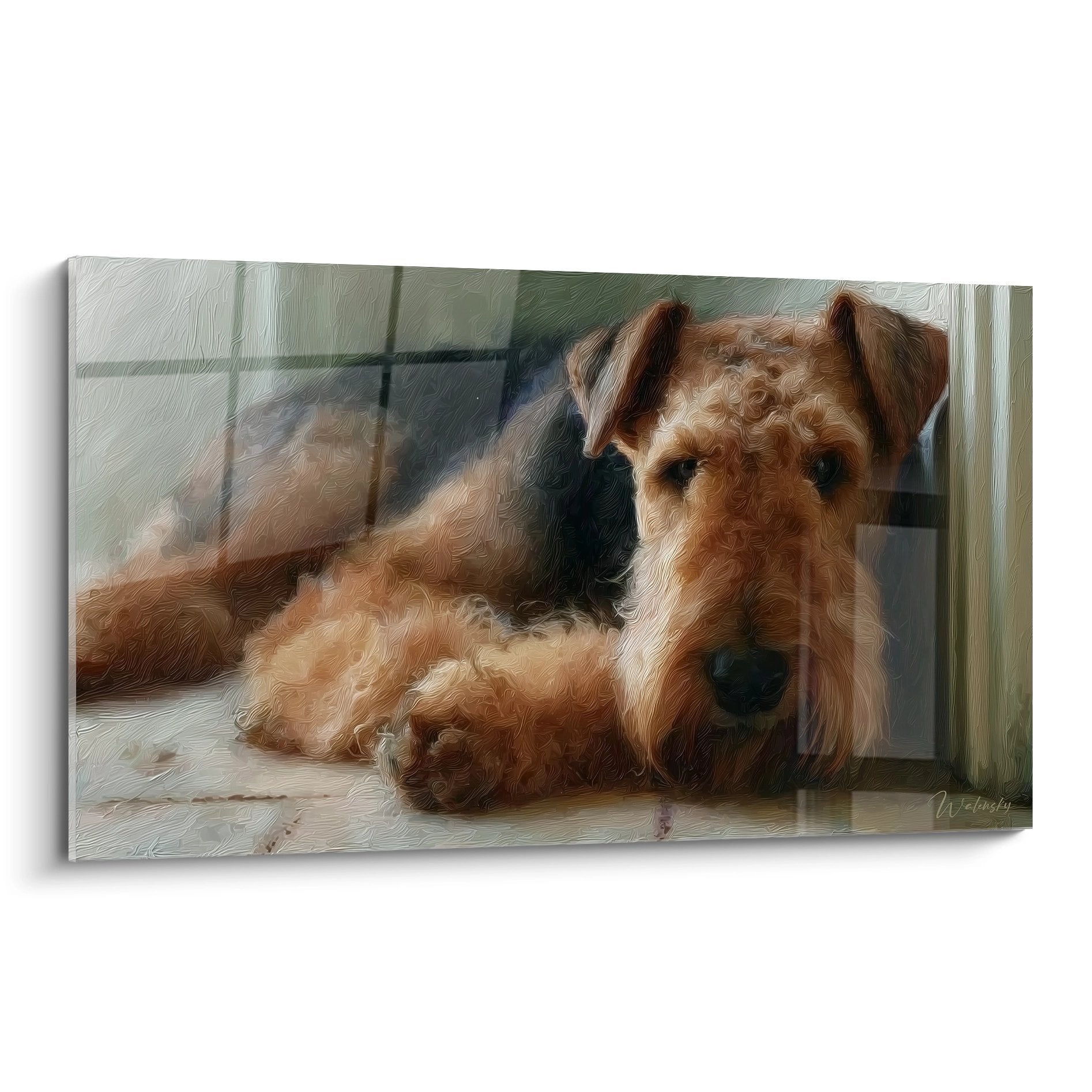 Portrait artistique Airedale Terrier couché tons fauves beiges regard expressif lumière douce fenêtre