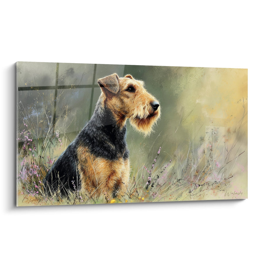 Tableau Chien Terrier en Portrait dans Prairie Fleurie - Regard Noble - Edition Airedale Terrier