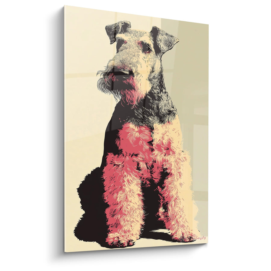 Tableau Chien Assis aux Tons Roses et Noirs - Portrait Artistique - Edition Airedale Terrier
