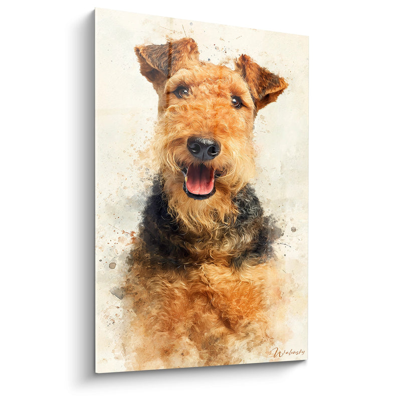 Tableau Portrait Chien Terrier Souriant Style Aquarelle - Regard Joyeux - Edition Airedale Terrier