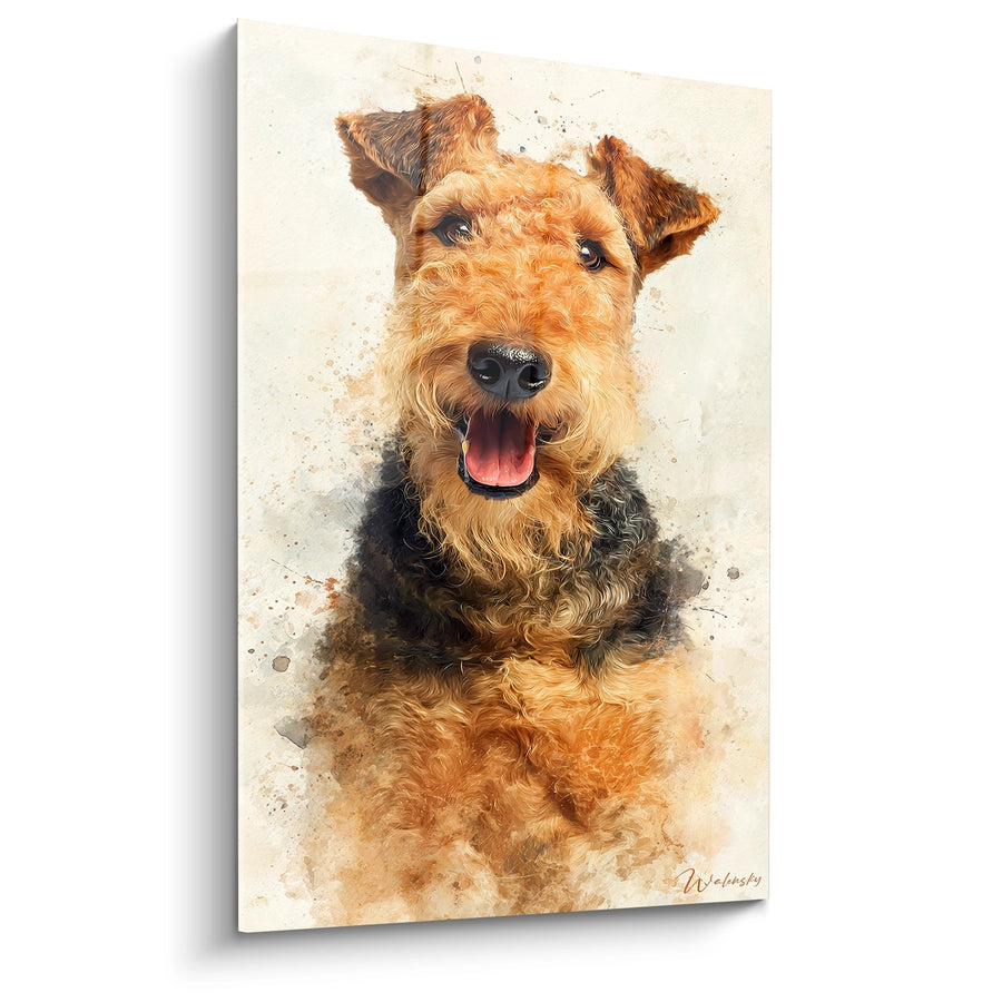 Tableau Portrait Chien Terrier Souriant Style Aquarelle - Regard Joyeux - Edition Airedale Terrier
