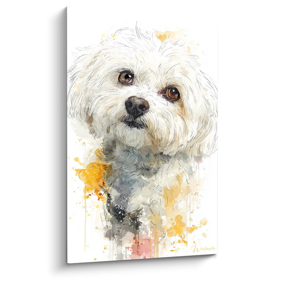Schilderij van een Witte Hond met Amberkleurige Ogen Aquarel - Teder Gaze - Editie Coton de Tuléar