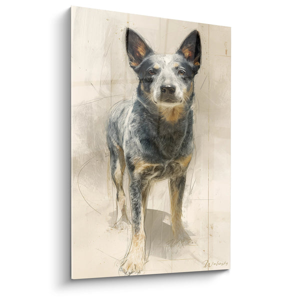 Australian Cattle Dog Gemälde Grau und Rot Porträt Realistisch - Intensiver Blick - Edition Australian Cattle Dog
