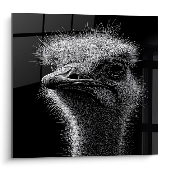 Zwart-wit struisvogel portret gravure - Doordringende blik - Struisvogel editie
