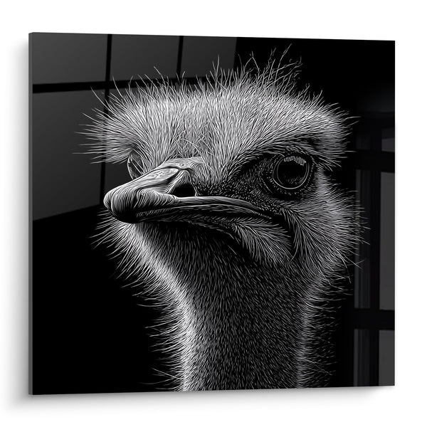 Cuadro Retrato de Avestruz Blanco y Negro Técnica Grabado - Mirada Penetrante - Edición Avestruz