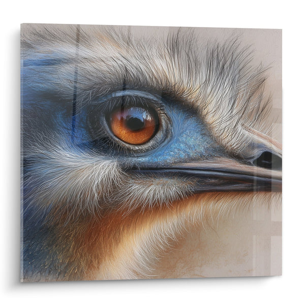 Schilderij Portret Majestueus Grijs en Beige Gevederte Amberkleurig Oog - Natuurlijke Elegantie - Struisvogel Editie