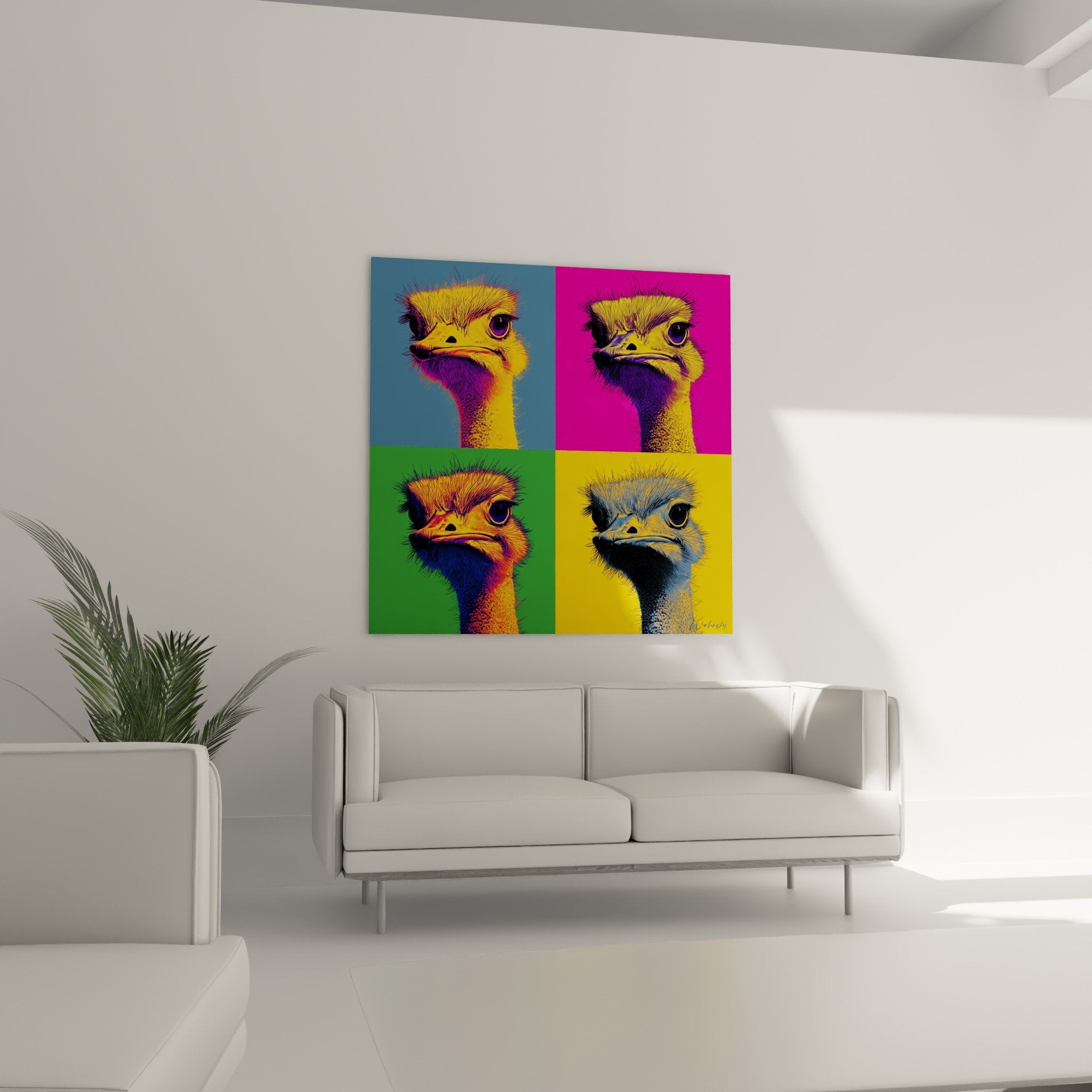 Nahaufnahme Strauß Pop-Art Porträt schwarzes Auge goldene Federn mehrfarbig gesättigter Hintergrund