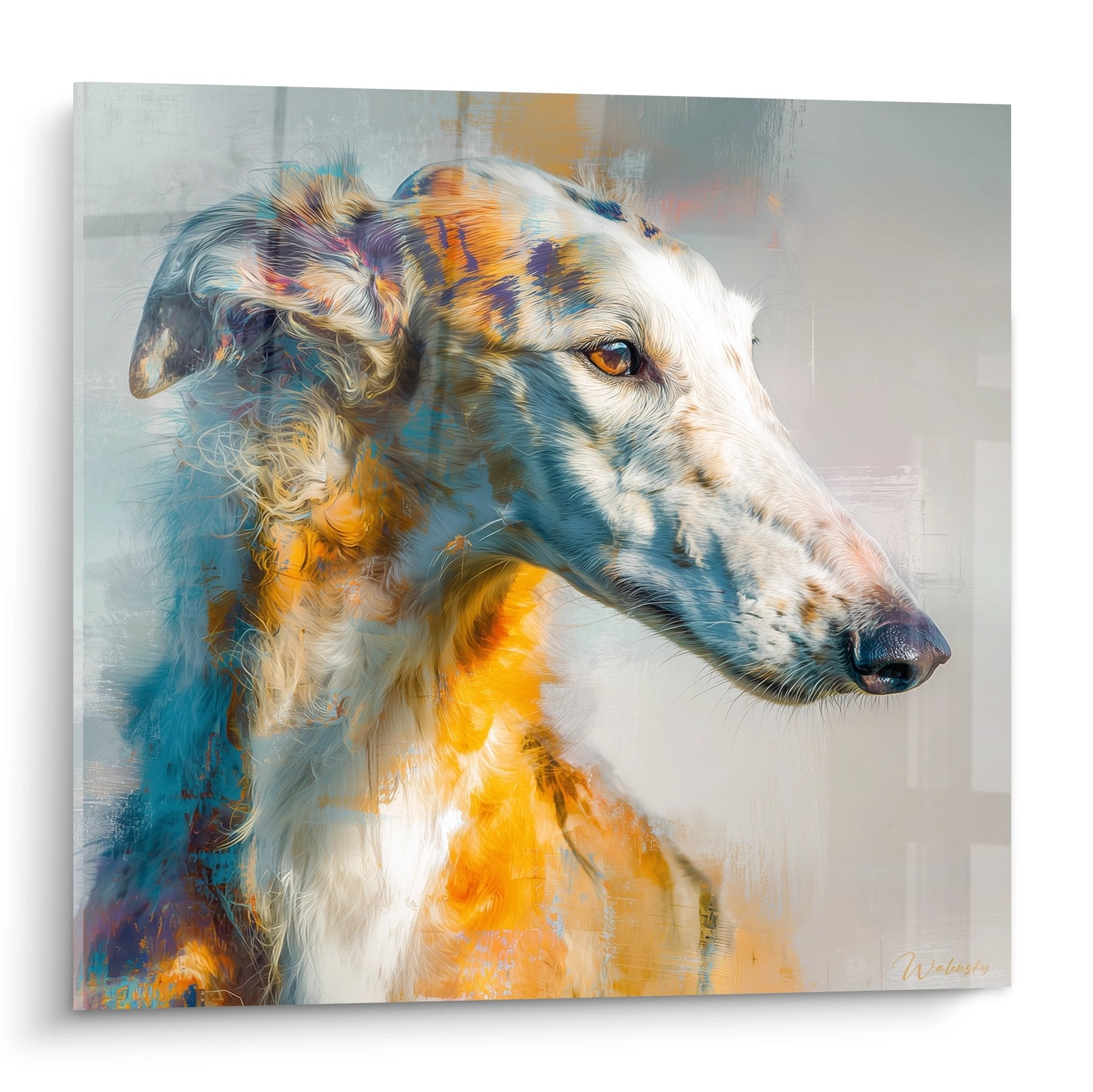 Portrait artistique de Barzoi aux tons dorés et turquoise, style impressionniste moderne sur fond gris perle