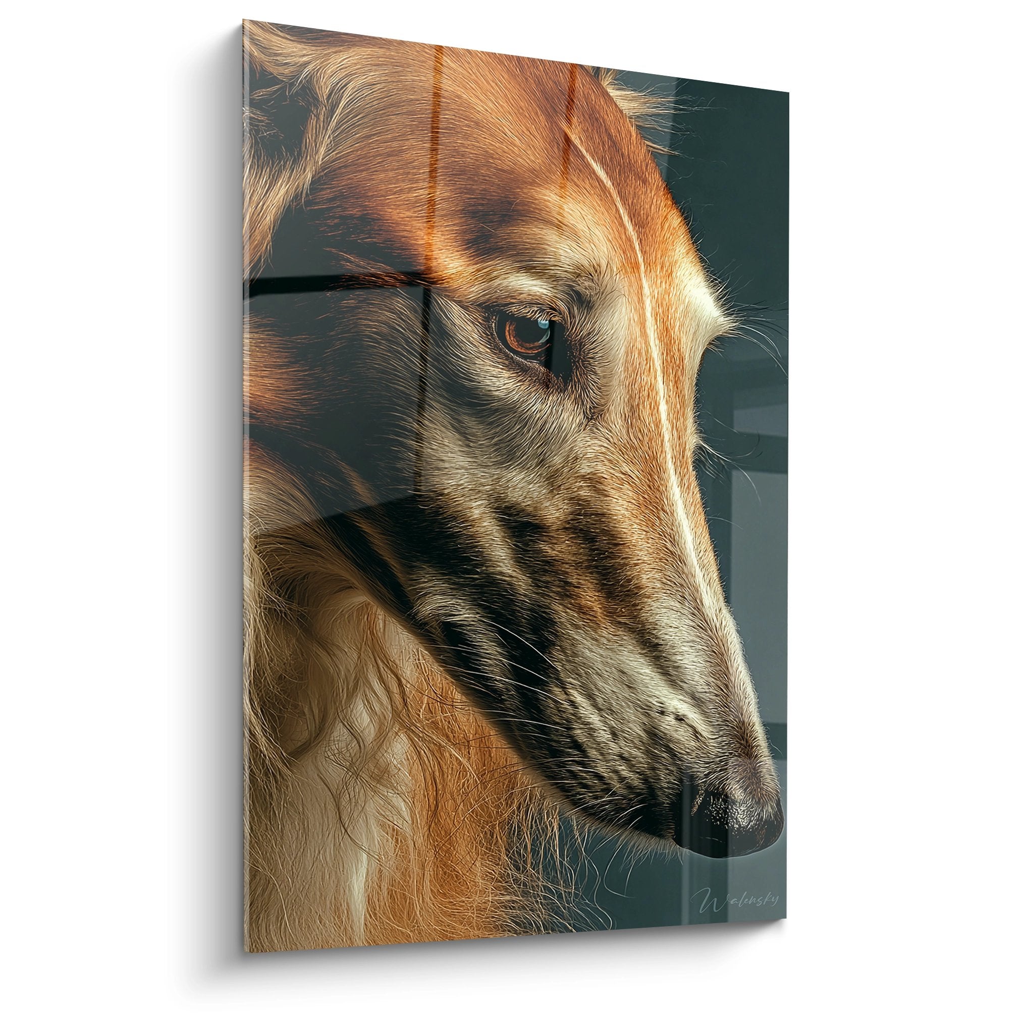 Portrait de profil de Barzoi aux tons dorés et cuivrés sur fond vert-de-gris, regard noble et expressif