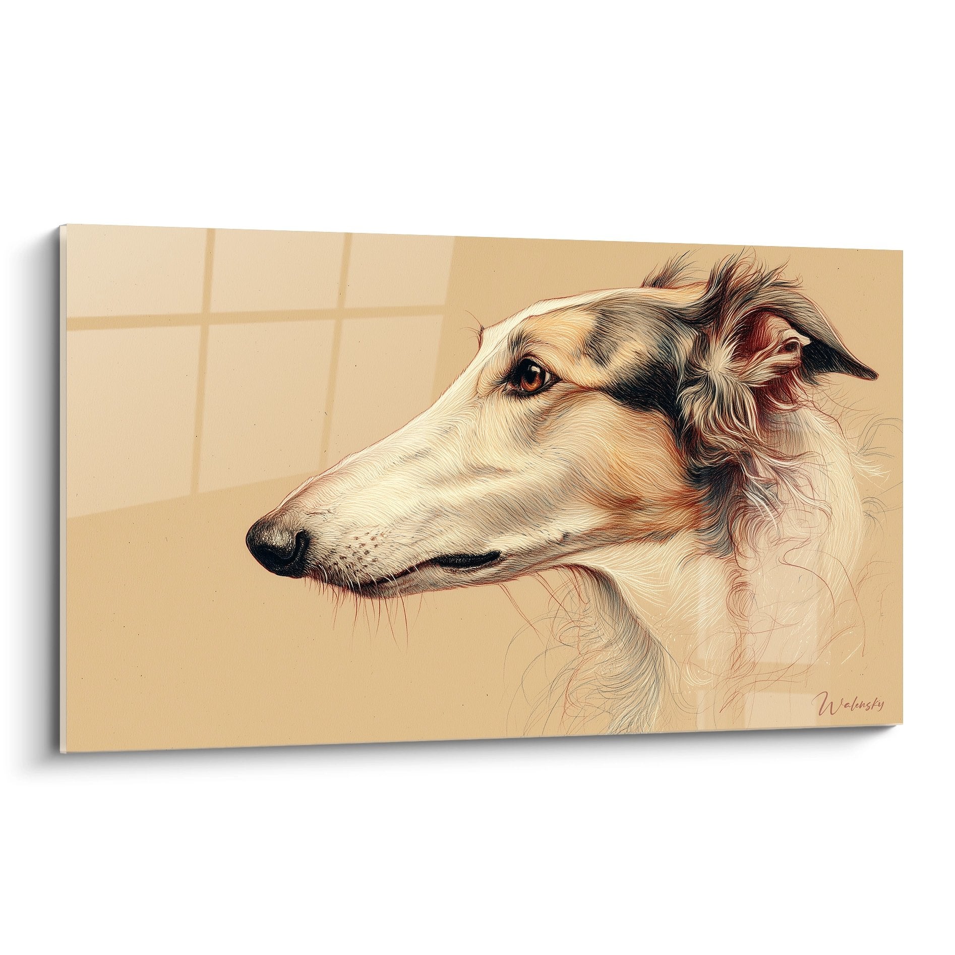 Portrait artistique de Barzoi de profil aux tons dorés sur fond beige, tableau mural élégant lévrier russe