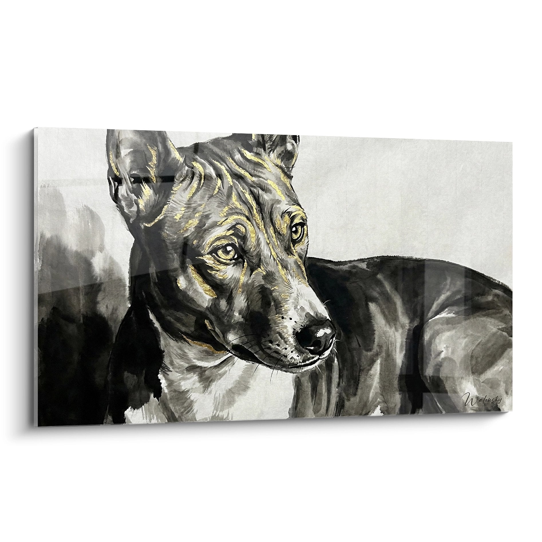 Aquarell-Porträt schwarzer und goldener Basenji mit intensivem Blick aufgerichtete Ohren grauer Hintergrund zeitgenössische Hundekunst