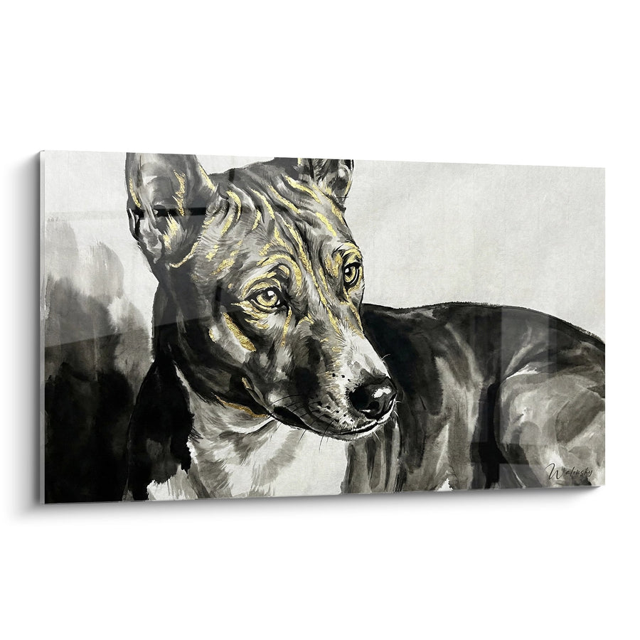 Tableau Portrait Canin Noir et Doré à l'Aquarelle - Regard Intense - Edition Basenji