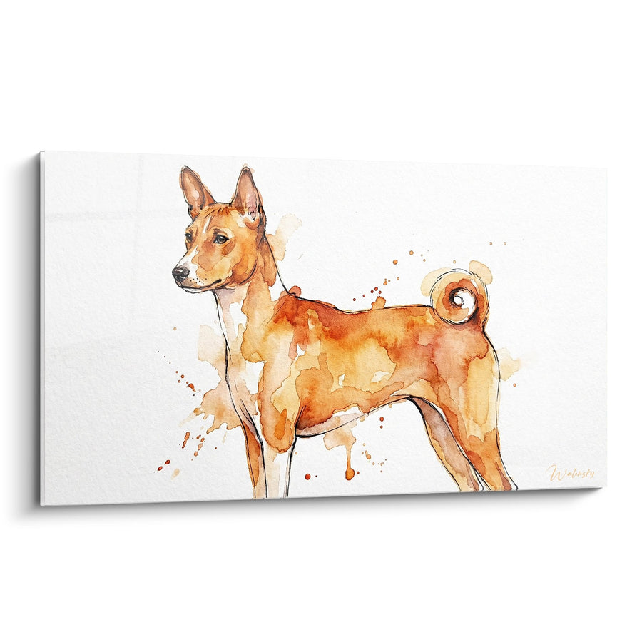 Obraz psa rude w akwareli - Artystyczny portret z bryzgami - Edycja Basenji