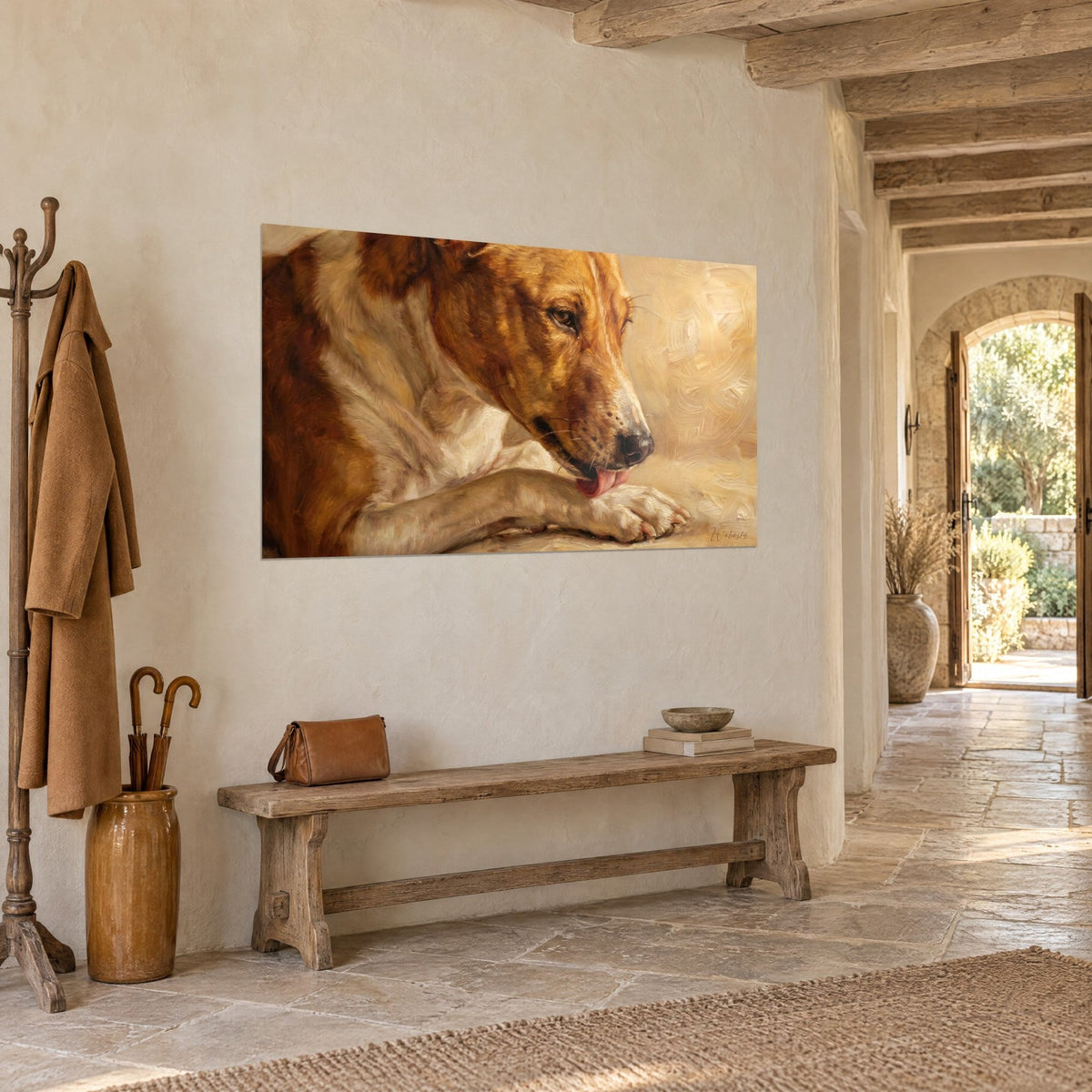 Gemälde eines Basenji-Porträts mit kupferfarbenem und weißem Fell, rosa Zunge, sandfarbenem Hintergrund, an einer Steinwand neben einem Gewölbeeingang