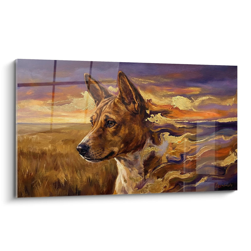Russet Dog Canvas with Intense Gaze Against Golden Sky - Striking Portrait - Basenji Edition