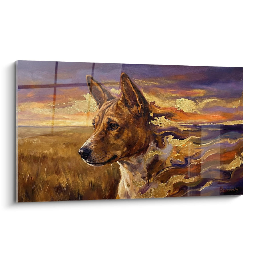 Tableau Chien Roux au Regard Intense sur Fond de Ciel Doré - Portrait Saisissant - Edition Basenji