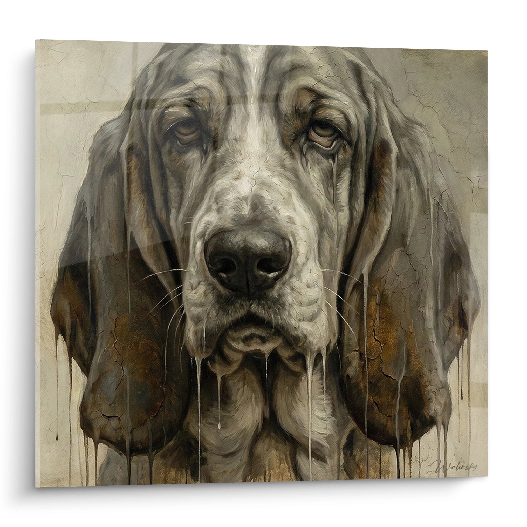 Portrait mélancolique Basset Hound tons sépia avec coulures peinture brune regard expressif art mural