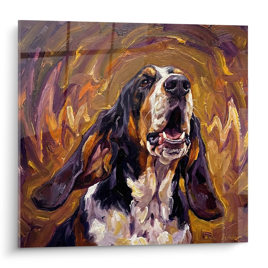 Tableau Basset Hound aux Tons Dorés et Violets - Portrait Expressif - Edition Basset Hound