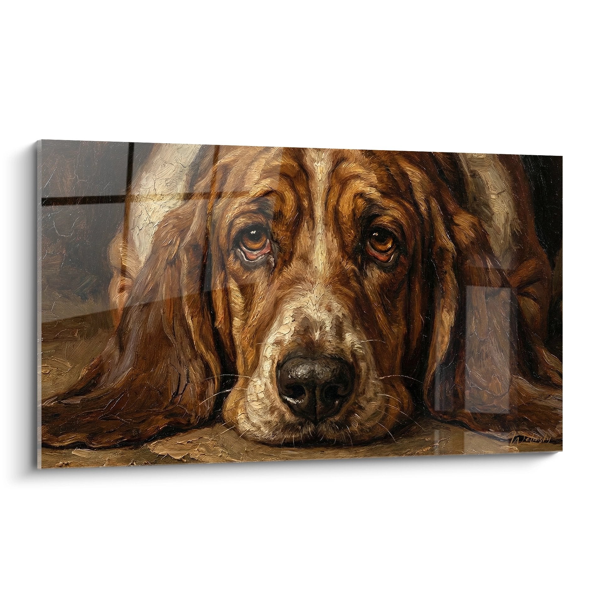 Portrait peinture Basset Hound aux yeux melancoliques tons cuivres roux tableau mural chien expressif contemplatif