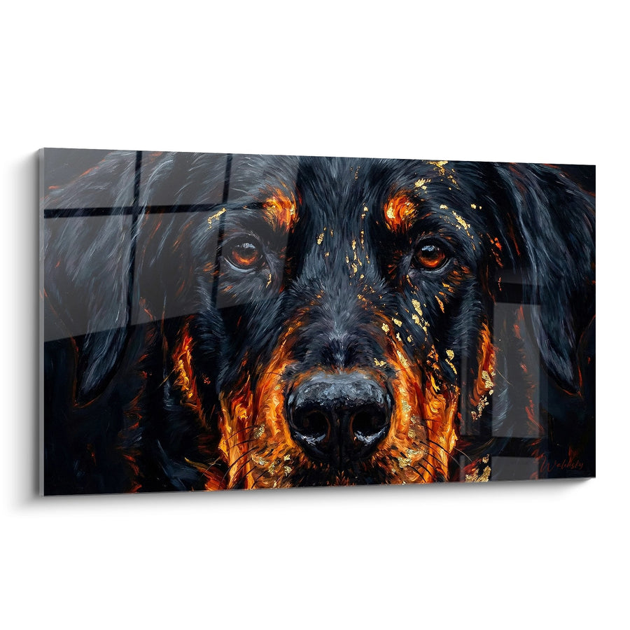 Schilderij Hond met Gouden Vlammen Intens Portret - Vuur blik - Beauceron Editie