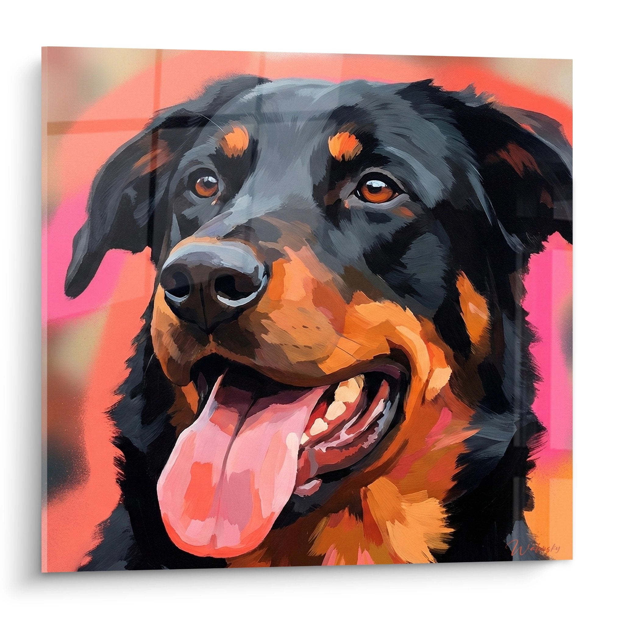 Portrait artistique Beauceron noir et feu langue rose fond corail fuchsia technique peinture expressive