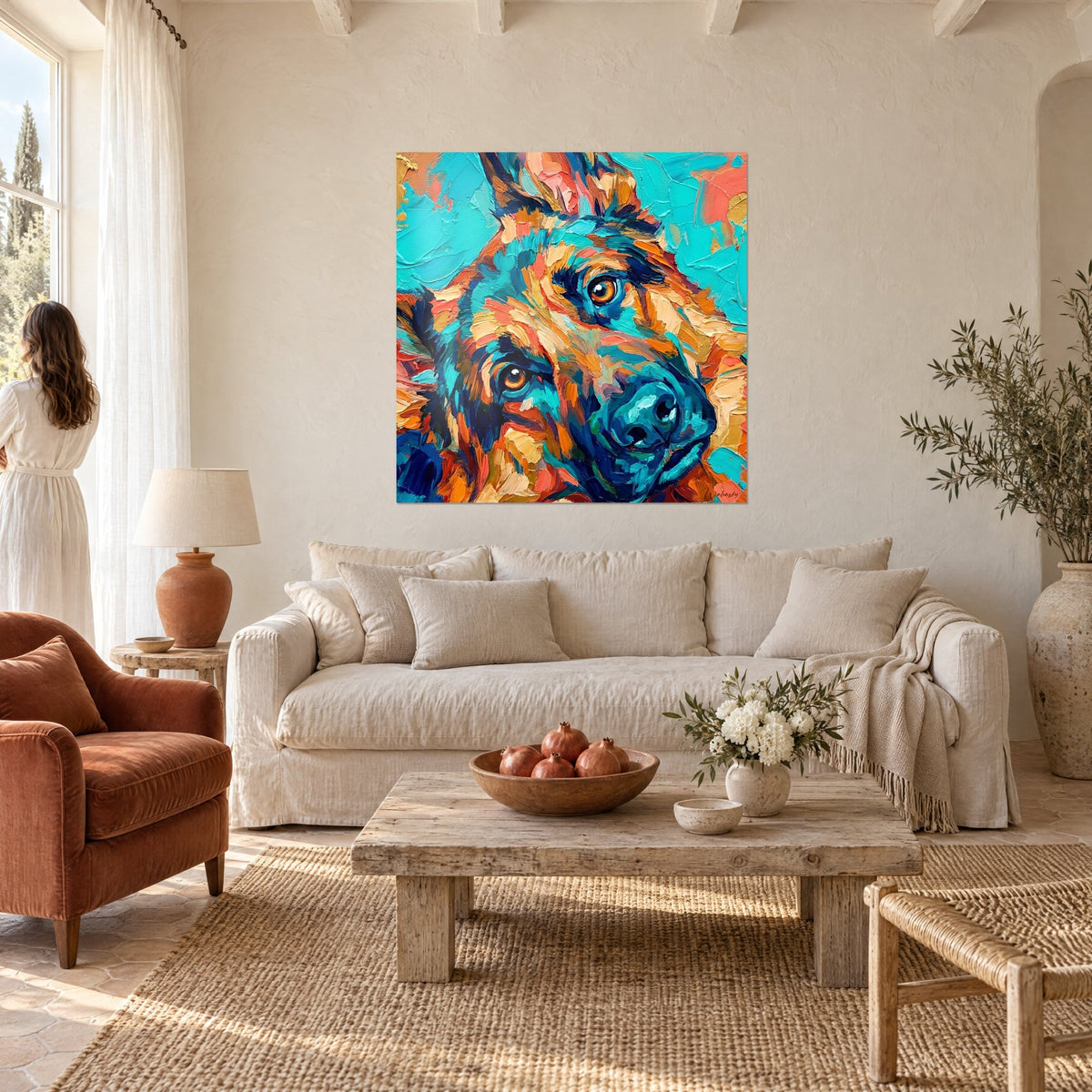 Schilderij rivierhond in turquoise en oranje paletmesstrepen, amberkleurige blik, boven een bank in een lichte woonkamer