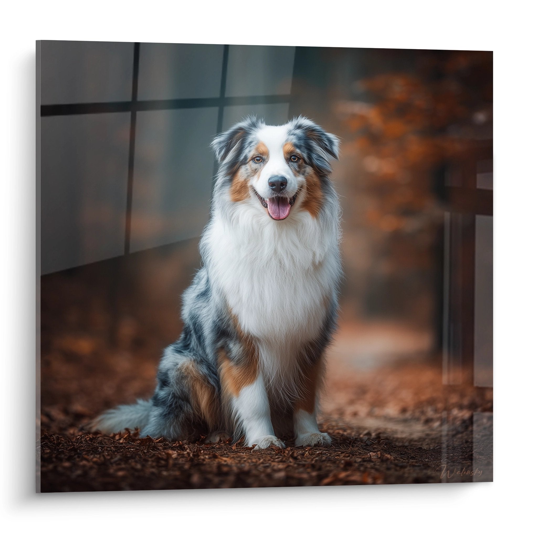 Portrait of tricolored Australian Shepherd with amber eyes on blurred autumn background, tongue out and joyful expression
